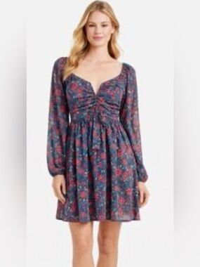 Revamped Navy Floral Ruched V-Neck Mini Dress